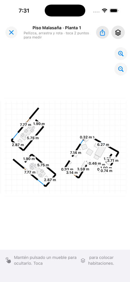 Top-down floor plan with three rooms fitted and measurements on every wall